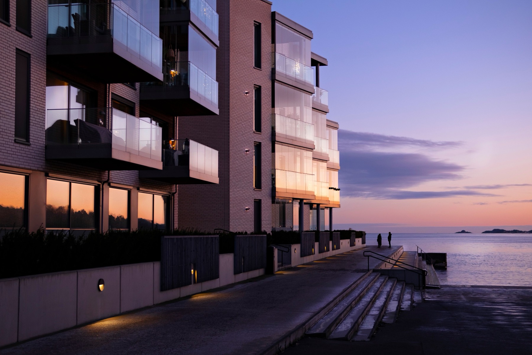 Waterfront residences at dusk